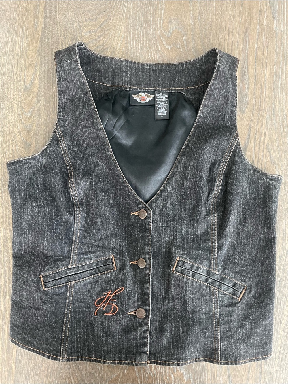 Harley Davidson Embroidered Dark Denim Button-Front Vest